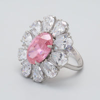 Baby Pink Oval With White Pear Cut CZ Stone Floral Inspire Cocktail Ring For Mother's Day Gift