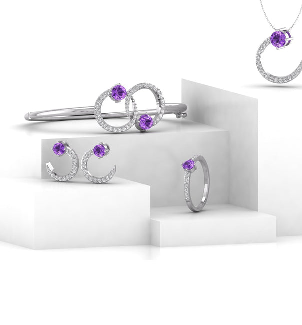 Purple Round CZ Stone Half Circle Shape Minimalist Pendant With Earrings, Bracelet And Ring