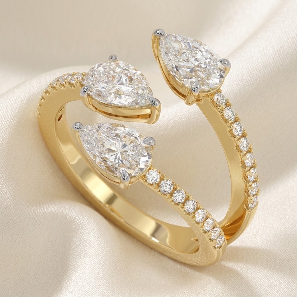 OctaPearl Pear Three Stone Open Gap Lab Grown Diamond Bypass Pave Ring