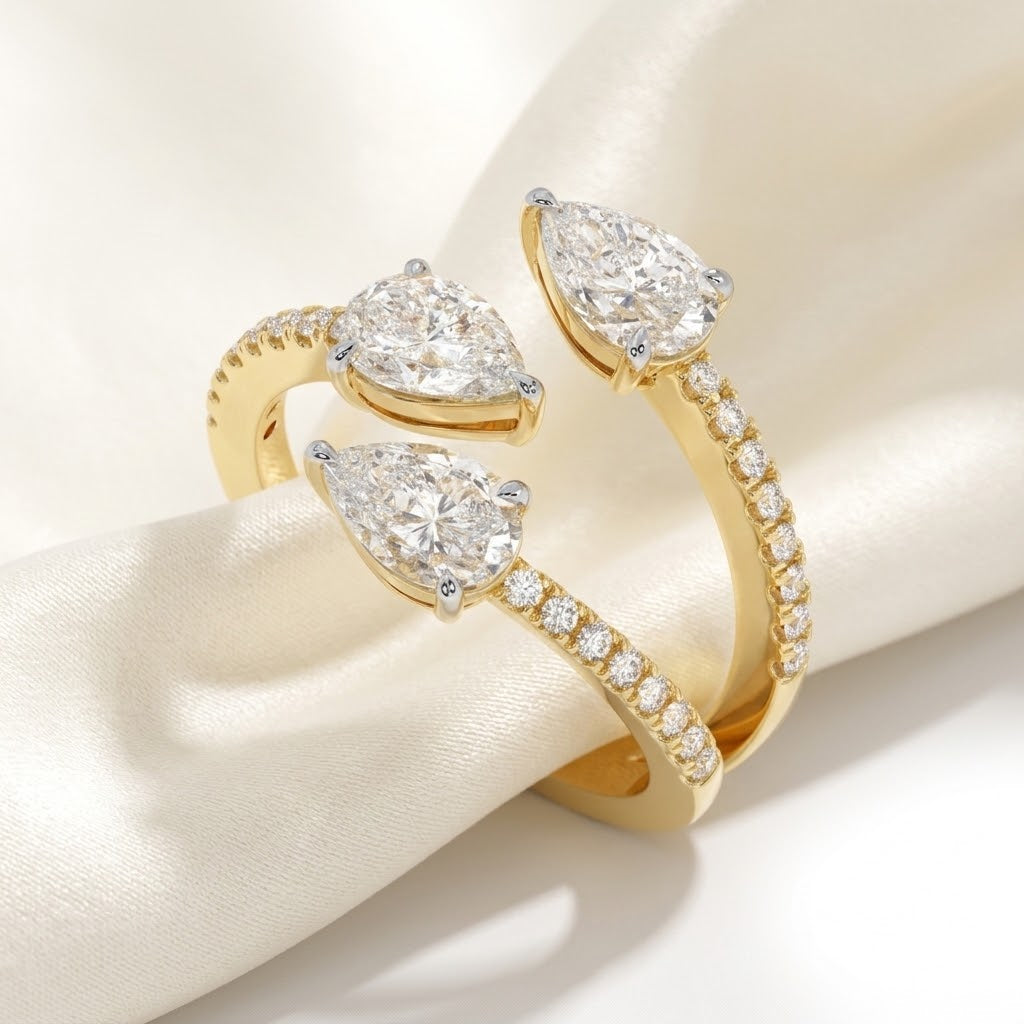 OctaPearl Pear Three Stone Open Gap Lab Grown Diamond Bypass Pave Ring