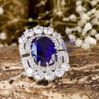 Blue Sapphire Oval With Round Cut CZ Stone Royal Look Pretty Brooch In 925 Silver