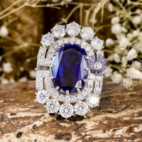 Blue Sapphire Oval With Round Cut CZ Stone Royal Look Pretty Brooch In 925 Silver