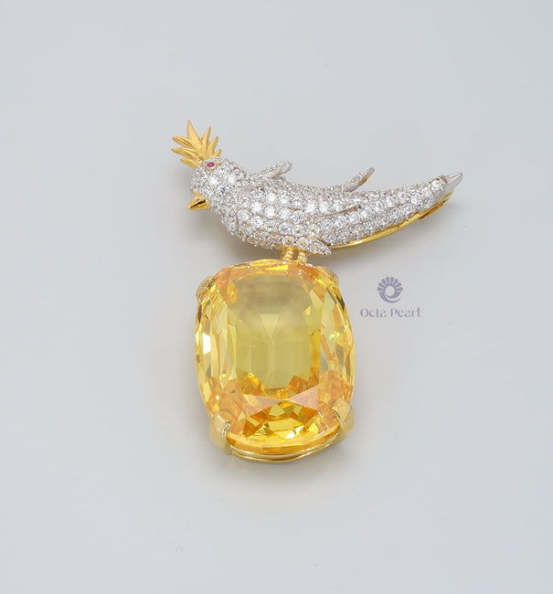 white gold Bird On A Rock Brooch With Cushion CZ Stone