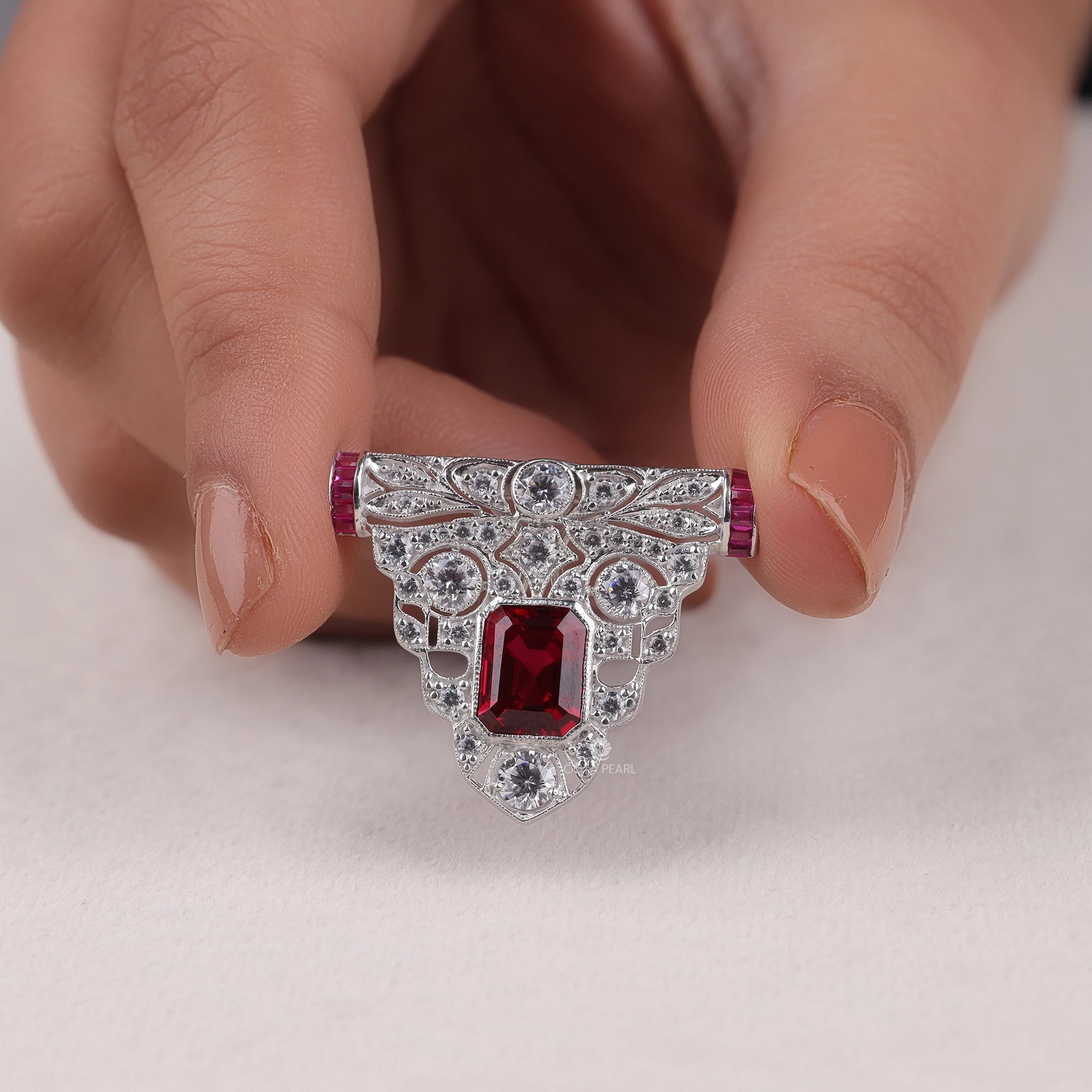 Ruby Stone Brooch Ruby Red Emerald Cut CZ Stone Geometric Art Deco Vintage Style Brooch ...