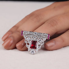 Ruby Red Emerald Cut CZ Stone Geometric Art Deco Vintage Style Brooch - alternate view