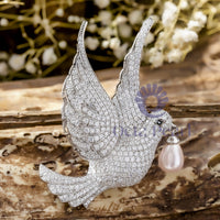 Teardrop Pearl With Round Cut CZ Stone Charming Flying Pigeon Bird Brooch For Men & Women