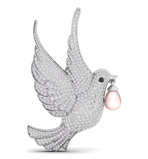 Teardrop Pearl With Round Cut CZ Stone Charming Flying Pigeon Bird Brooch For Men & Women