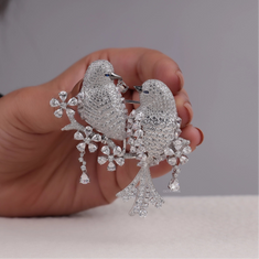 Love Bird Brooch with Round & Marquise CZ Stones – Silver Pin - alternate view