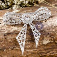 Cushion Cut CZ Stone Milgrain Bezel Set Antique Bow of Lace Motif Brooch In 925 Silver