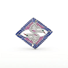 Blue & Pink CZ Double Heron Brooch Pin Geometric Hip Hop Statement Jewelry