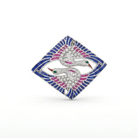 Blue & Pink CZ Double Heron Brooch Pin Geometric Hip Hop Statement Jewelry