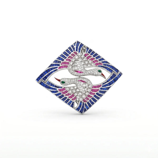 Blue & Pink CZ Double Heron Brooch Pin Geometric Hip Hop Statement Jewelry