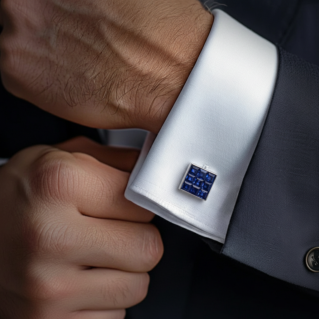Blue Mosaic Square Cufflinks in 925 Sterling Silver with CZ - alternate view