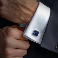 Close-up of a cufflink on a white cuff against a dark suit background