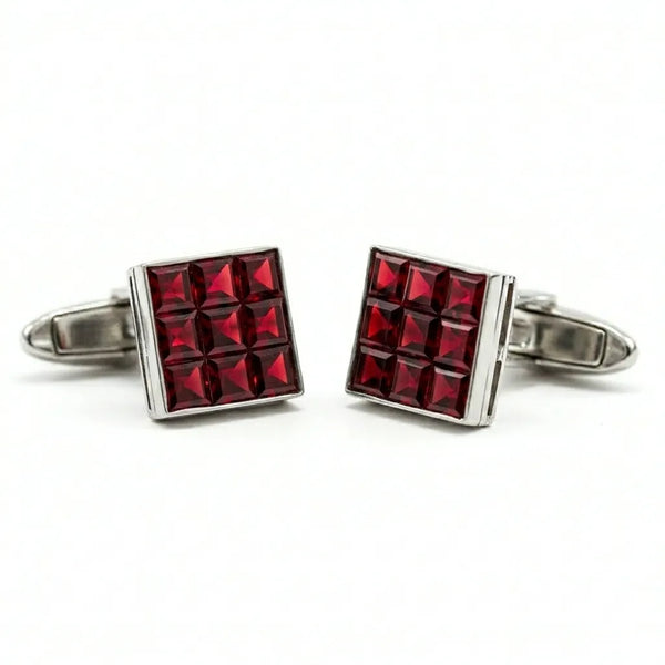 Garnet Mosaic Square Cufflinks in 925 Sterling Silver with CZ