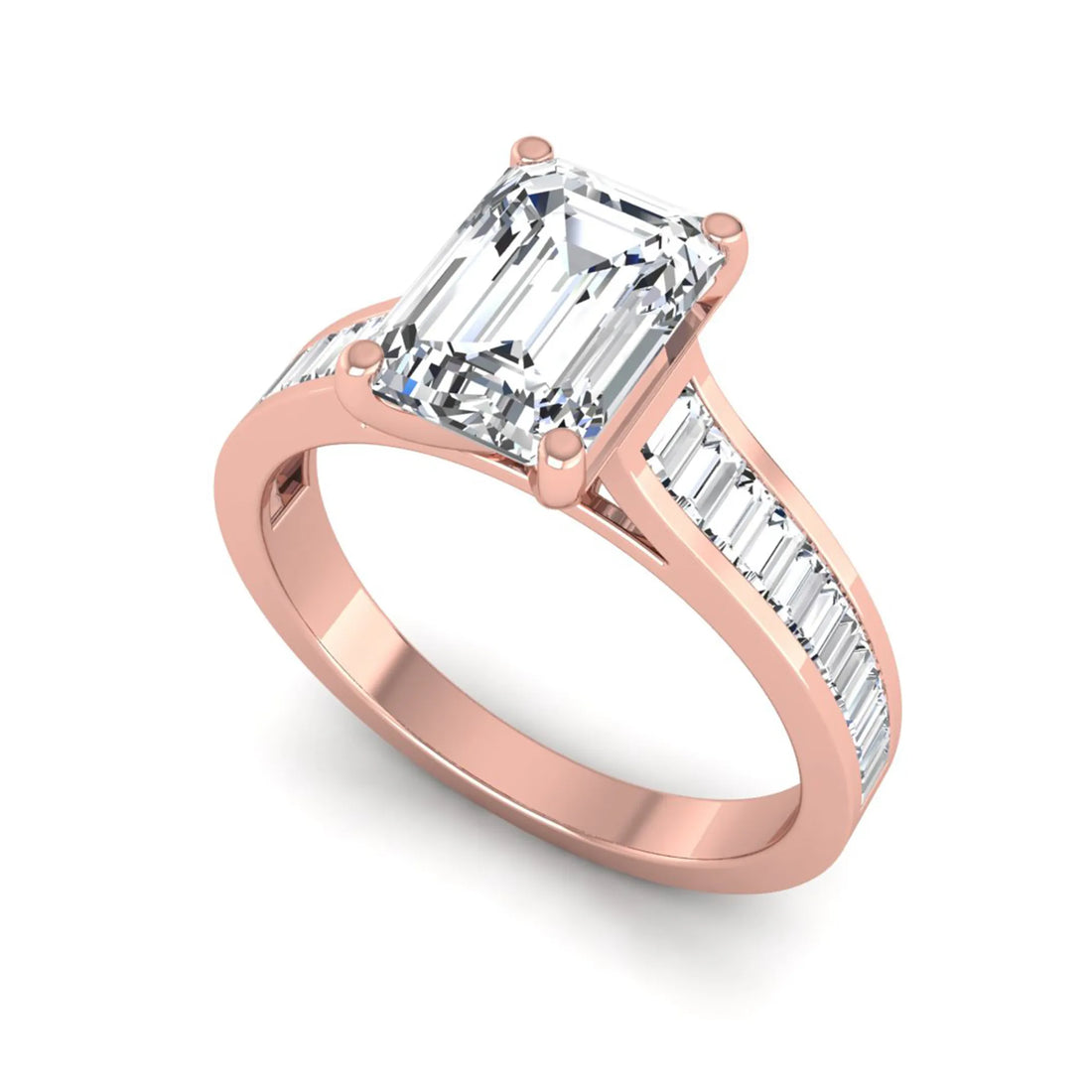 OctaPearl 2 ct Emerald Prong Set Lab Grown Diamond Engagement Ring with Baguette Side Diamonds