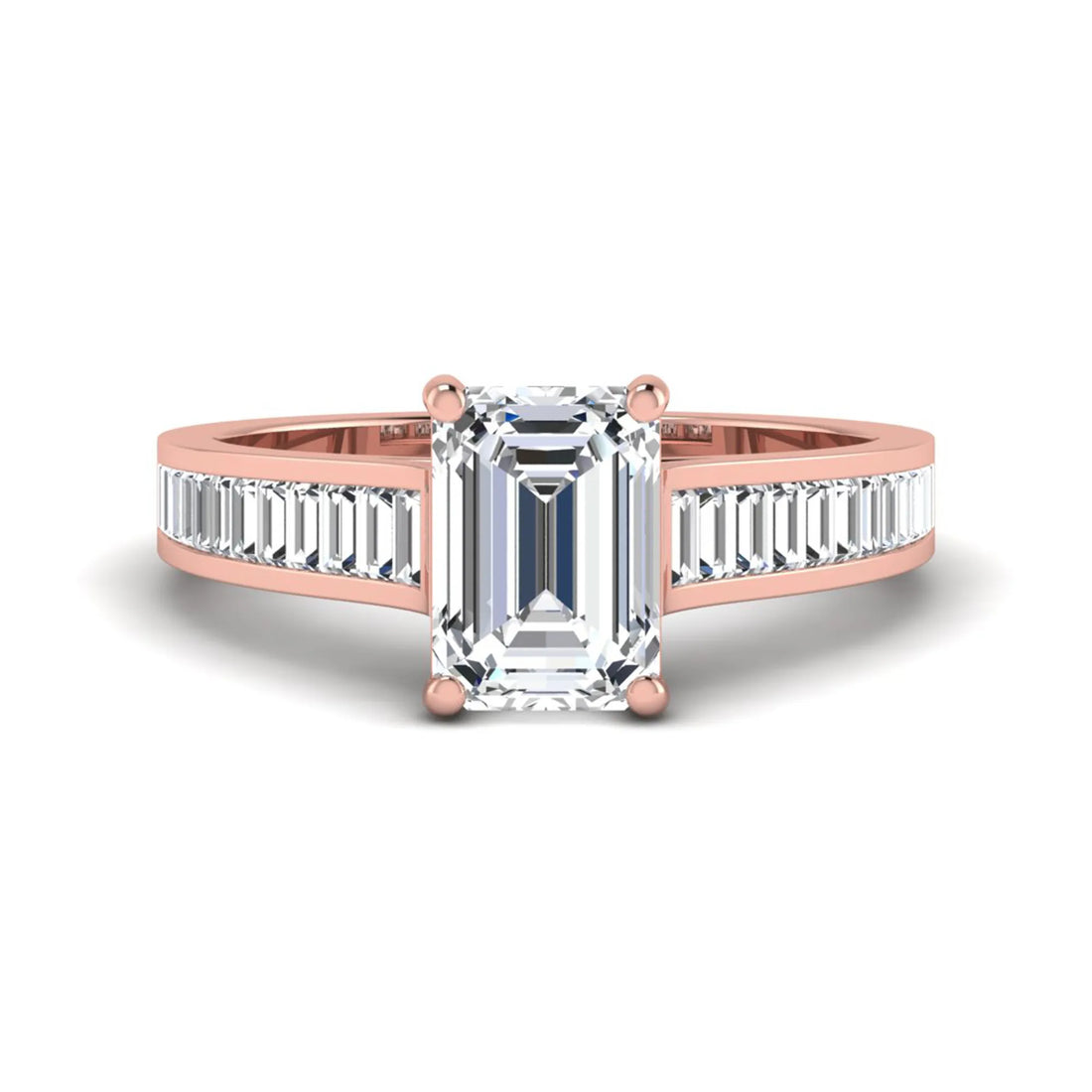 OctaPearl 2 ct Emerald Prong Set Lab Grown Diamond Engagement Ring with Baguette Side Diamonds