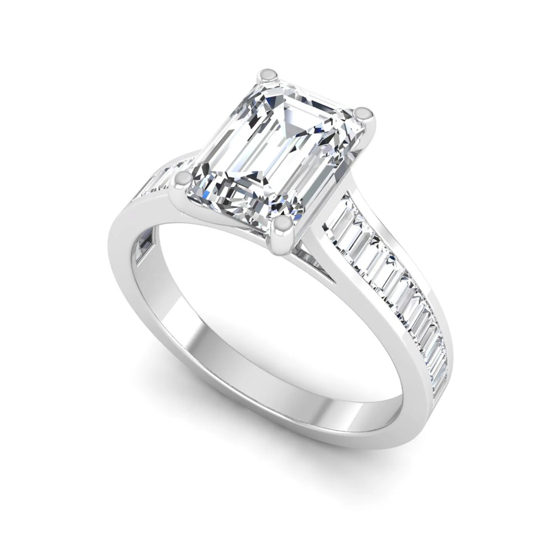 OctaPearl 2 ct Emerald Prong Set Lab Grown Diamond Engagement Ring with Baguette Side Diamonds