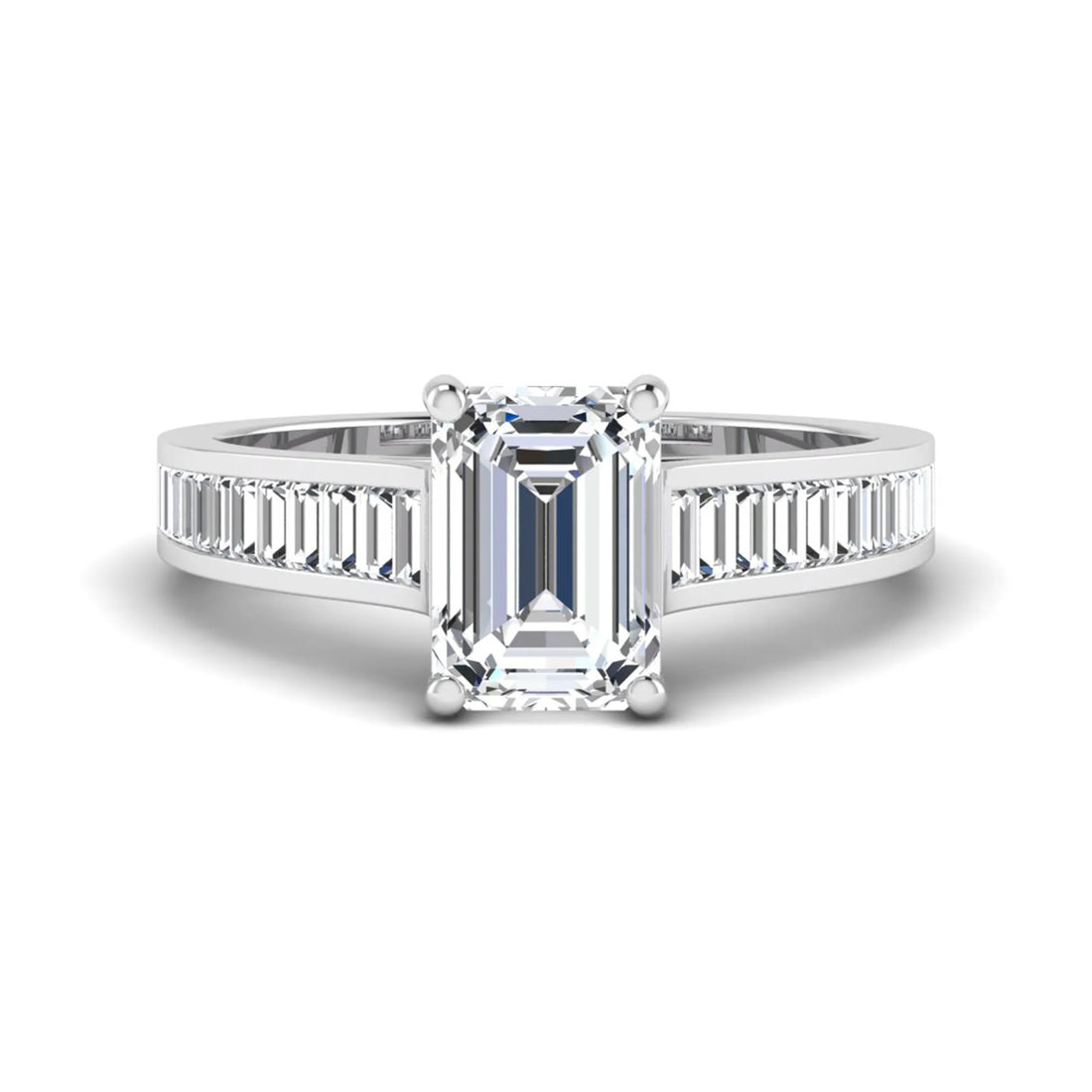 OctaPearl 2 ct Emerald Prong Set Lab Grown Diamond Engagement Ring with Baguette Side Diamonds