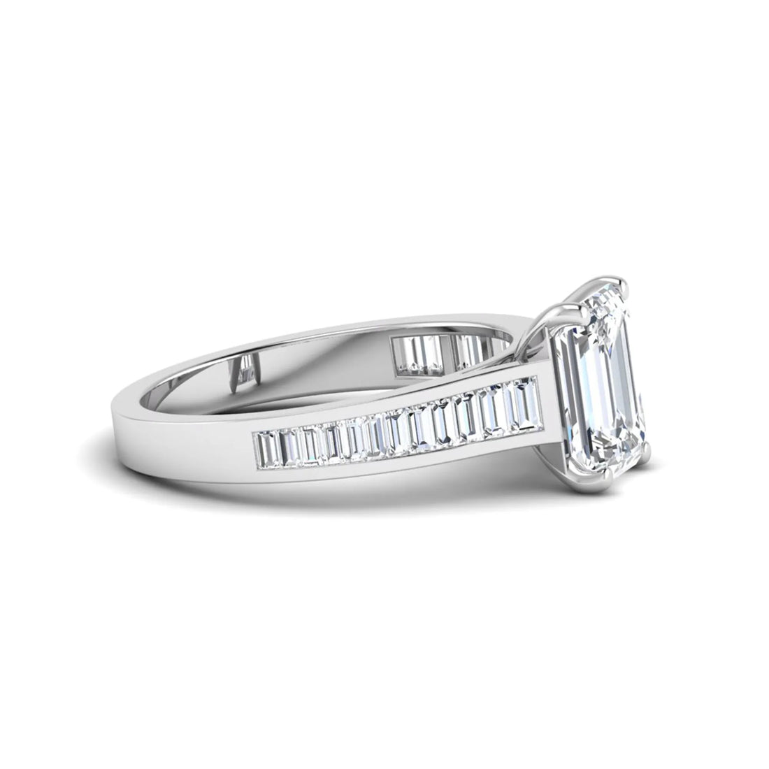 OctaPearl 2 ct Emerald Prong Set Lab Grown Diamond Engagement Ring with Baguette Side Diamonds