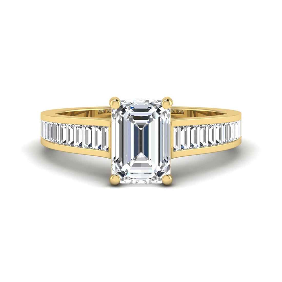 OctaPearl 2 ct Emerald Prong Set Lab Grown Diamond Engagement Ring with Baguette Side Diamonds