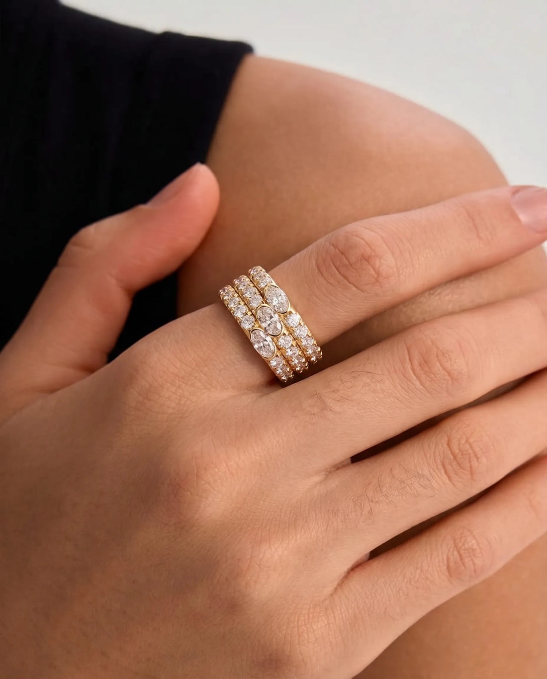 OctaPearl Oval & Round Three Row Lab Grown Diamond Pave Cocktail Ring