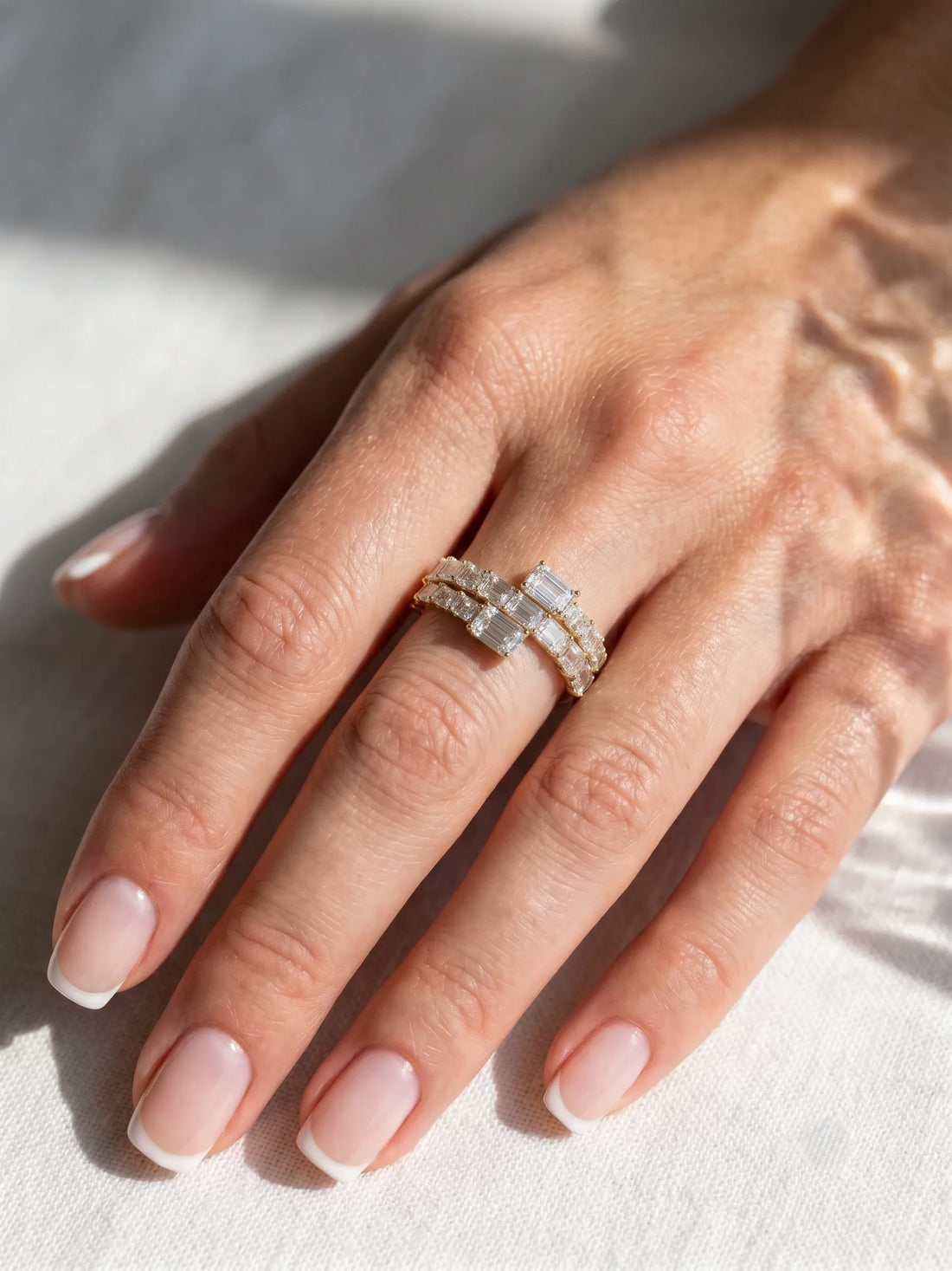 OctaPearl Emerald Cut Lab Grown Diamond Bypass Statement Engagement Ring