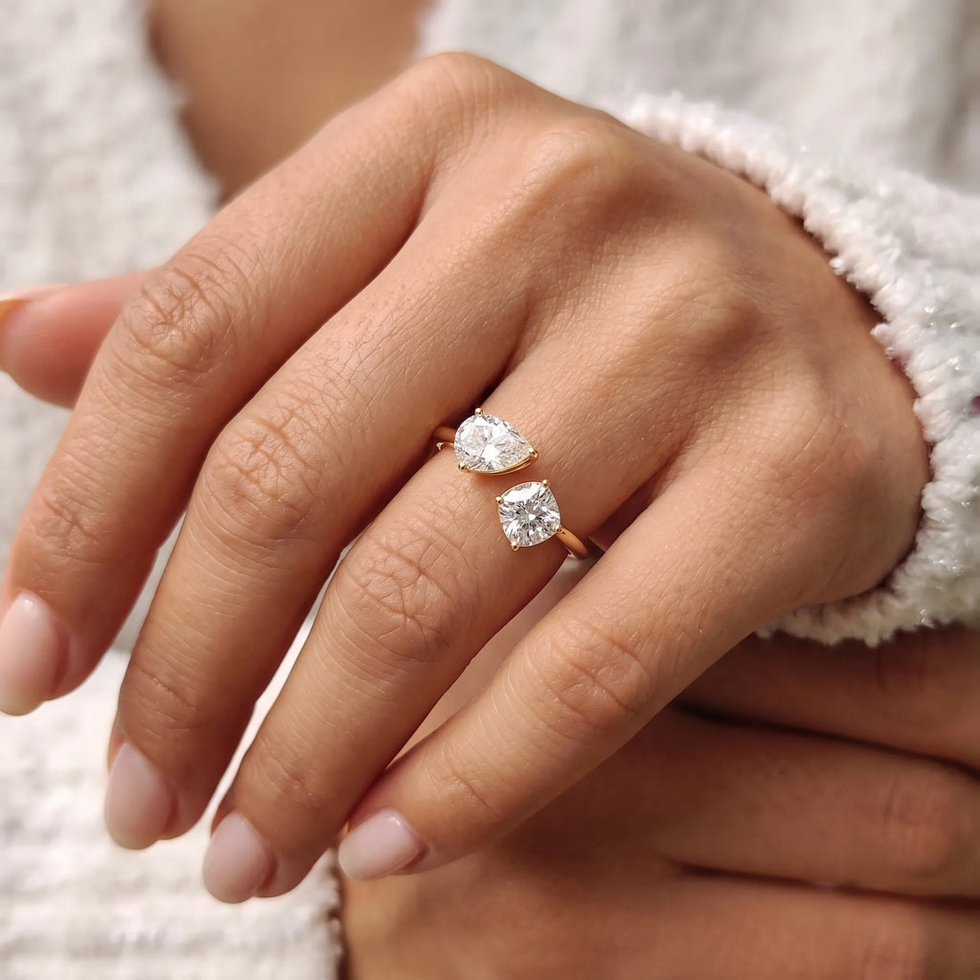 OctaPearl Cushion & Pear Two Stone Lab Grown Diamond  Open Gap Bypass Ring