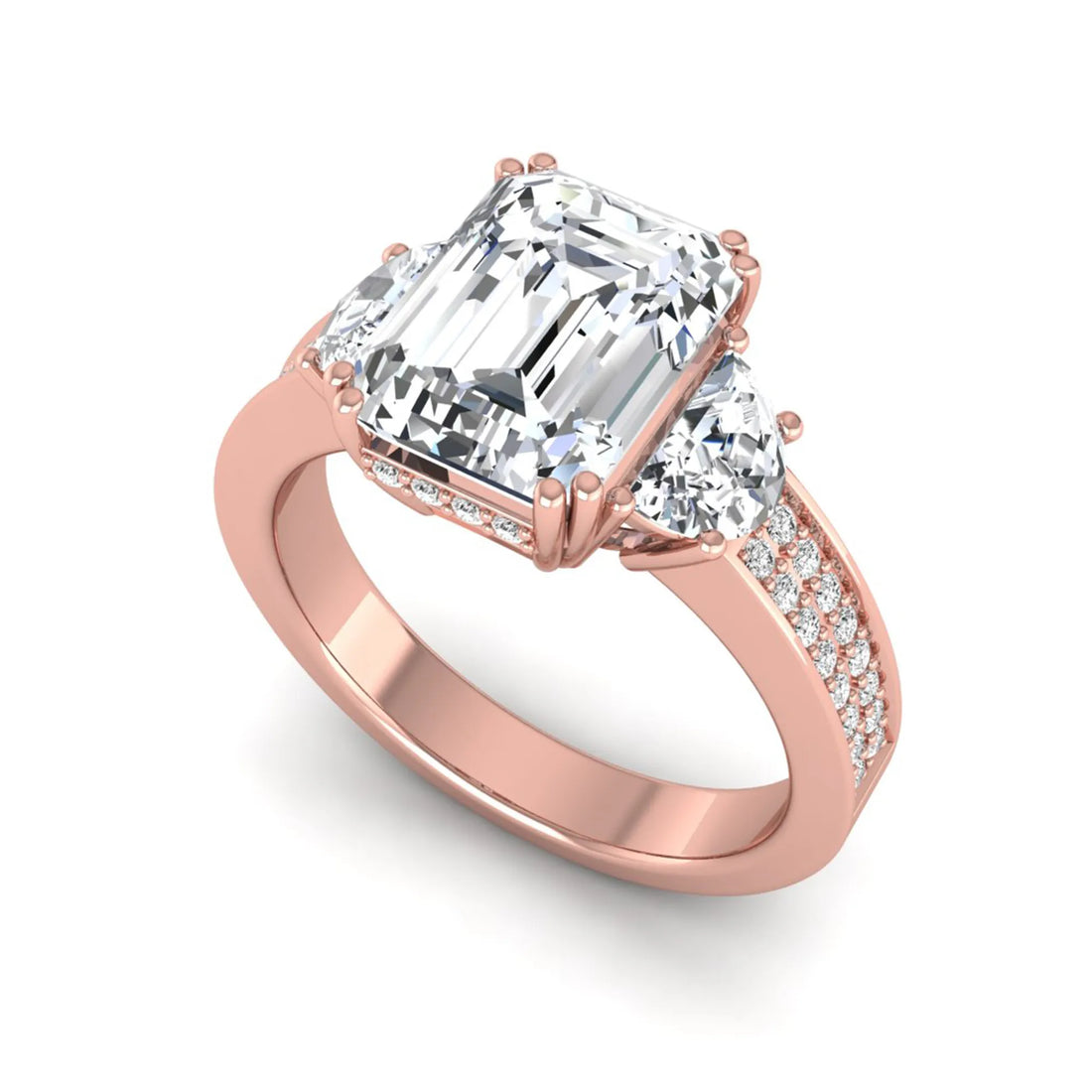 OctaPearl 3.5 ct Emerald Lab Grown Diamond Three Stone Pave Engagement Ring