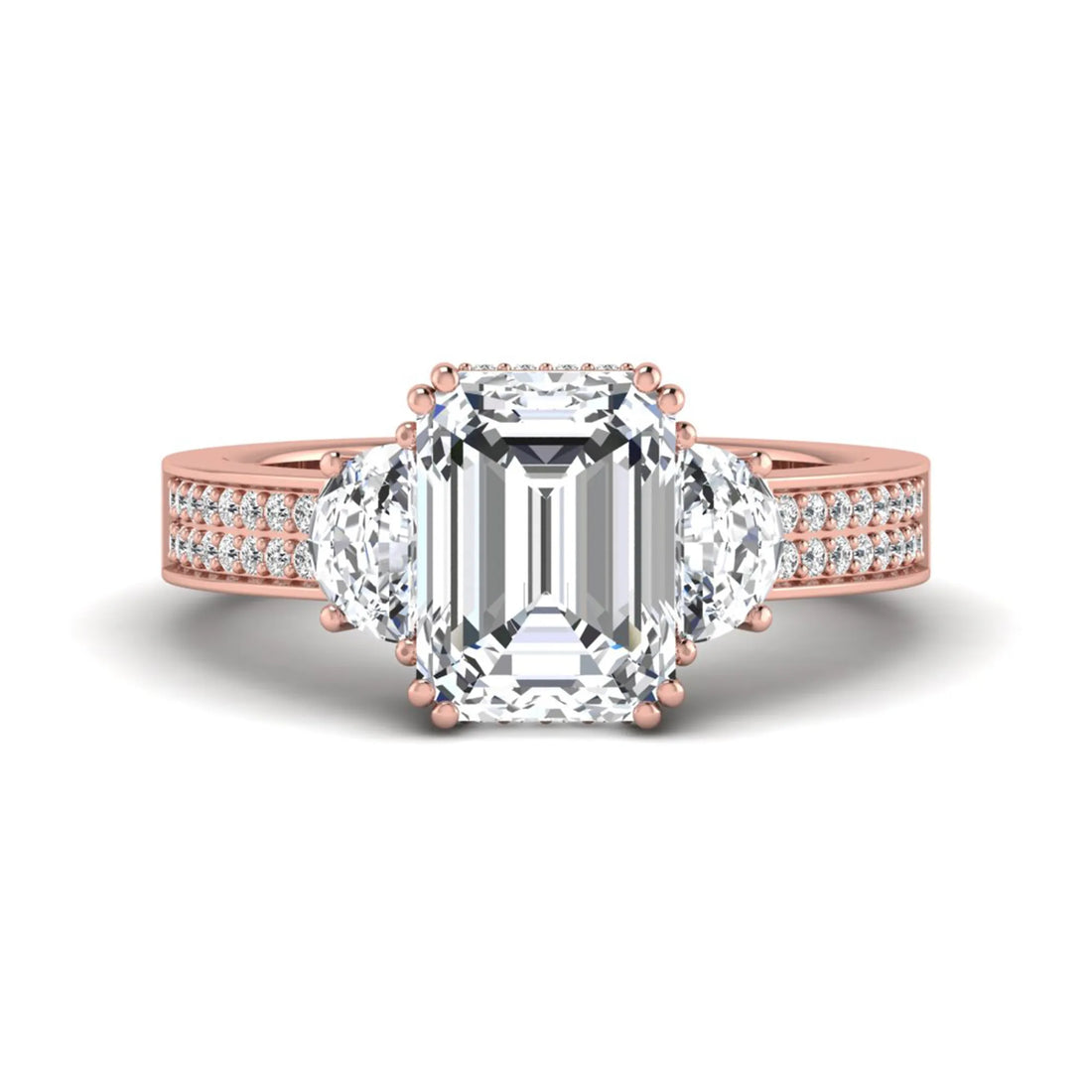 OctaPearl 3.5 ct Emerald Lab Grown Diamond Three Stone Pave Engagement Ring