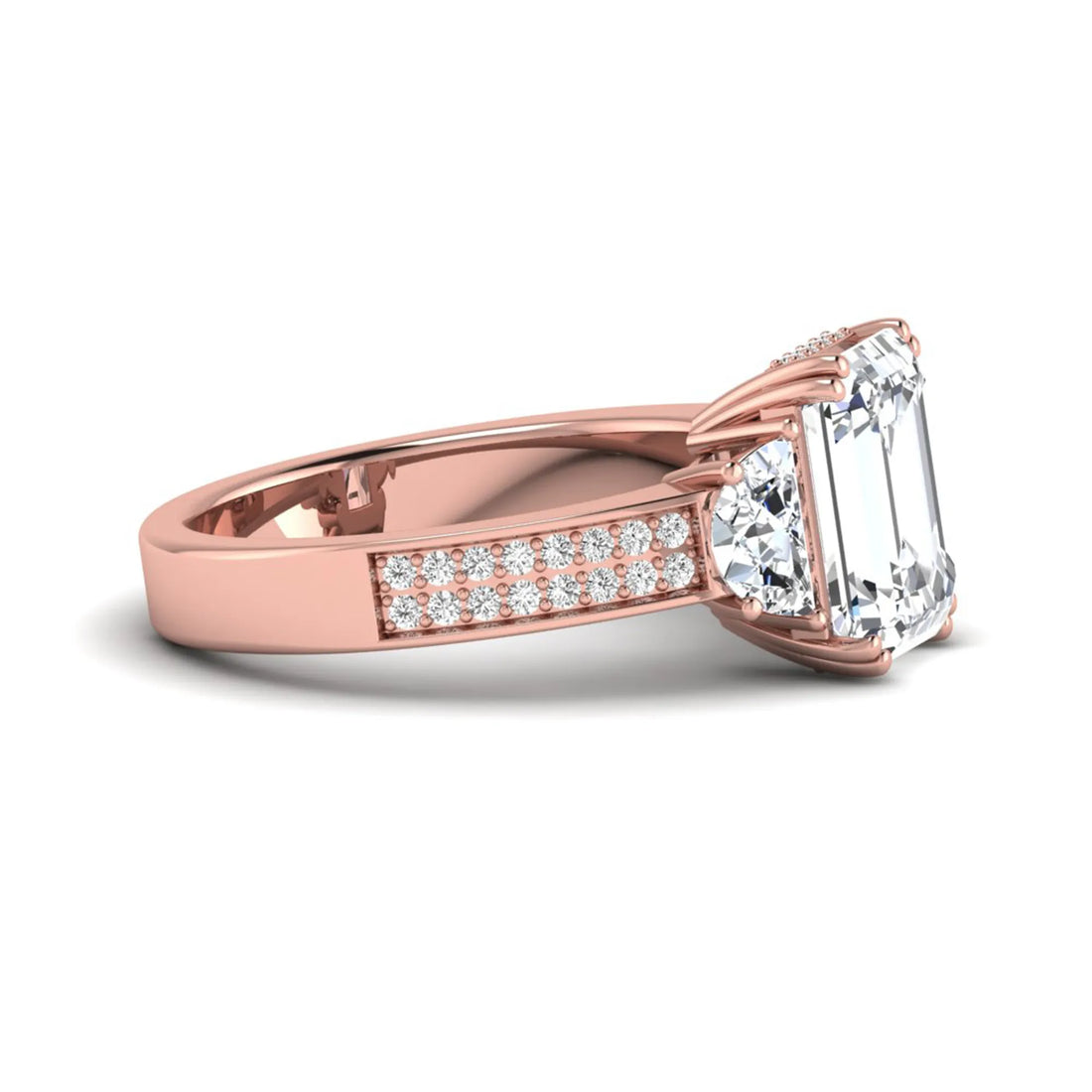 OctaPearl 3.5 ct Emerald Lab Grown Diamond Three Stone Pave Engagement Ring