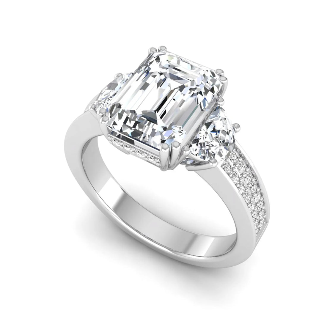 OctaPearl 3.5 ct Emerald Lab Grown Diamond Three Stone Pave Engagement Ring