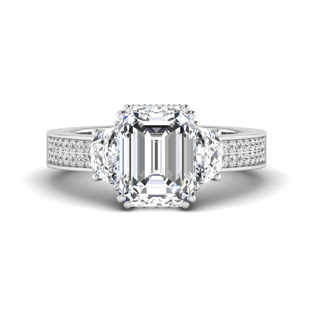 OctaPearl 3.5 ct Emerald Lab Grown Diamond Three Stone Pave Engagement Ring
