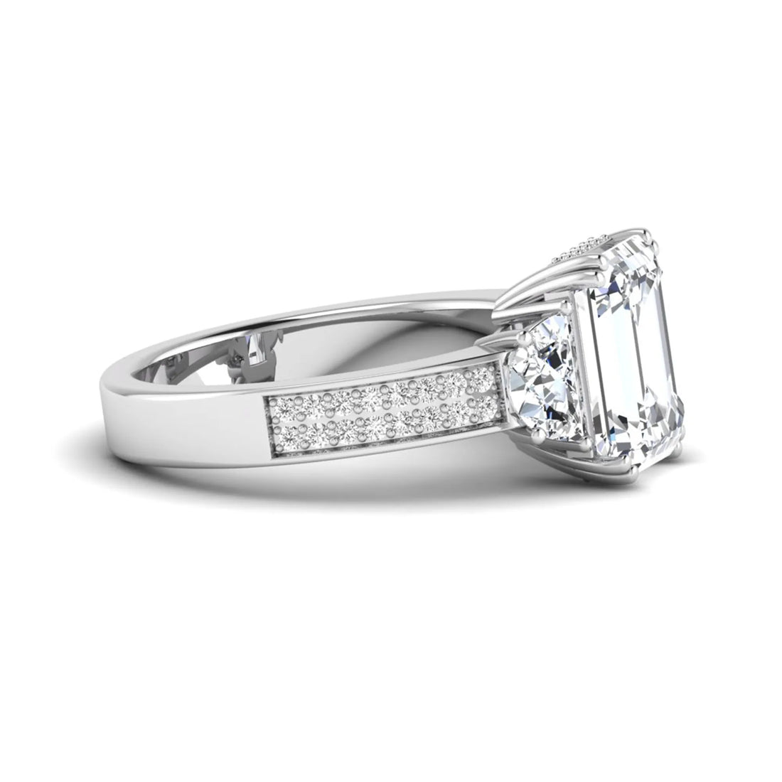 OctaPearl 3.5 ct Emerald Lab Grown Diamond Three Stone Pave Engagement Ring