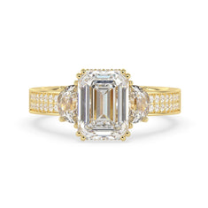 OctaPearl 3.5 ct Emerald Lab Grown Diamond Three Stone Pave Engagement Ring