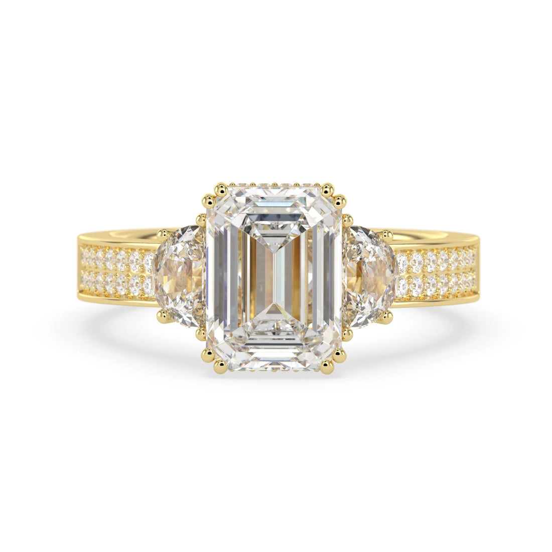 OctaPearl 3.5 ct Emerald Lab Grown Diamond Three Stone Pave Engagement Ring