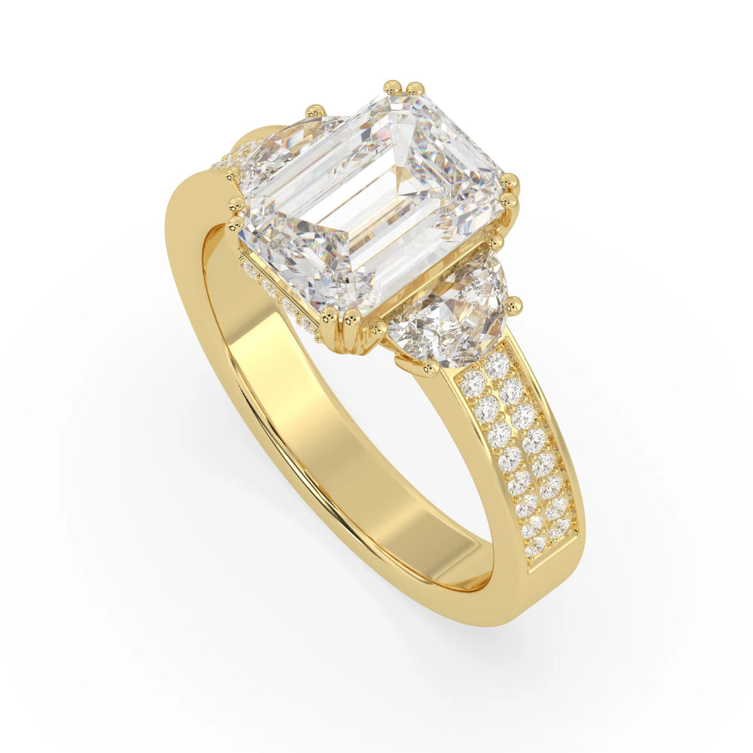 OctaPearl 3.5 ct Emerald Lab Grown Diamond Three Stone Pave Engagement Ring
