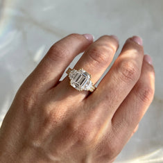 OctaPearl 3.5 ct Emerald Lab Grown Diamond Three Stone Pave Engagement Ring - alternate view