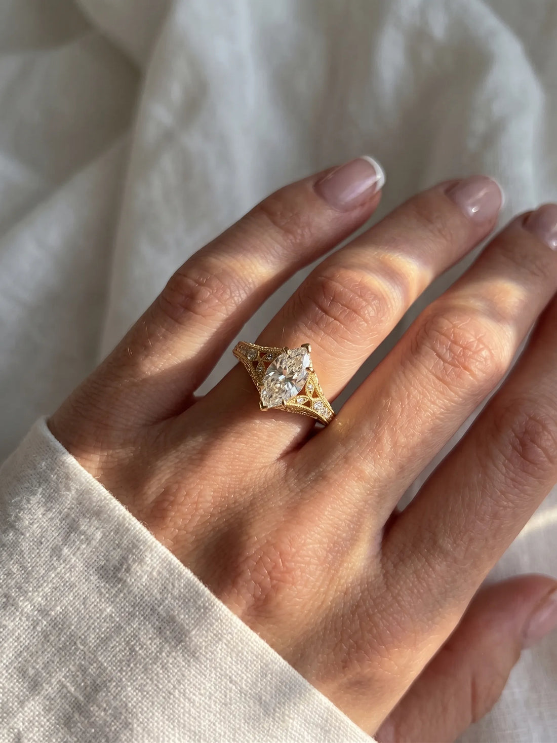 OctaPearl 1.50 ct Marquise Vintage Lab Grown Diamond Split Shank Pave Engagement Ring