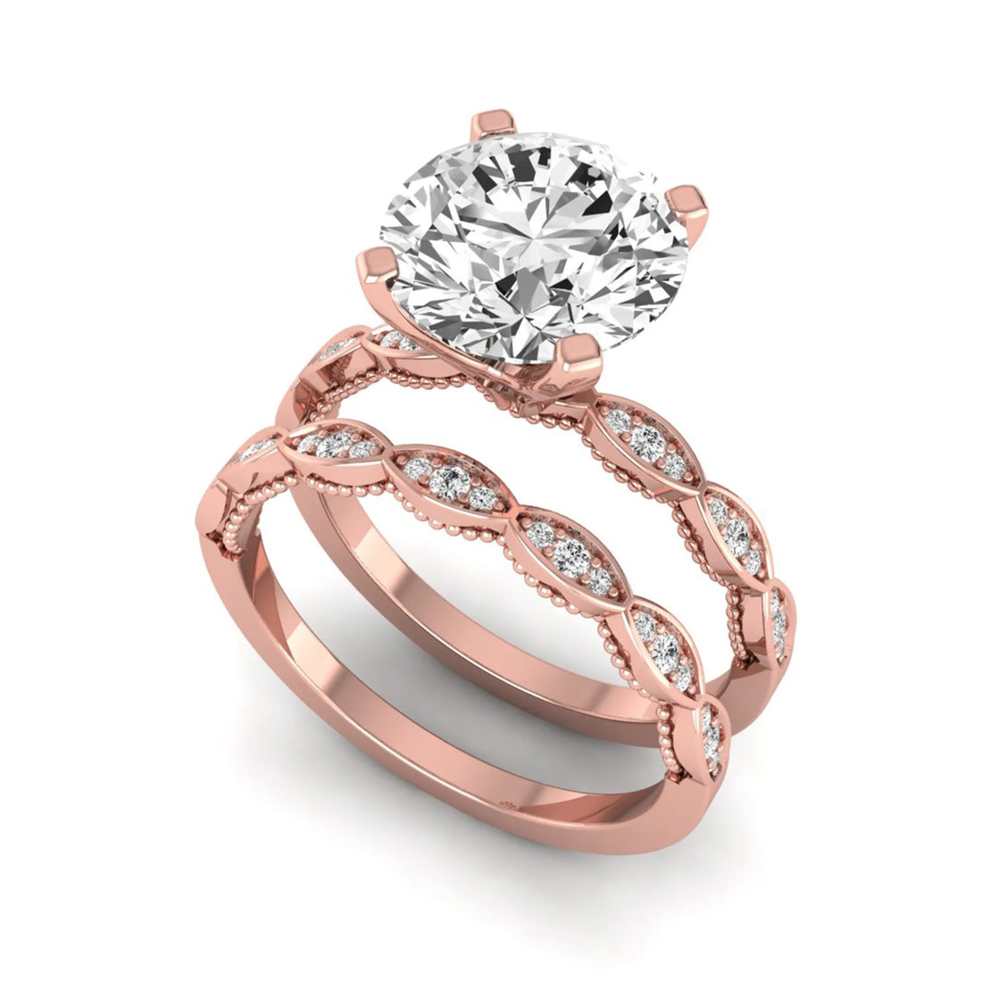 OctaPearl 3 ct Round Lab Grown Diamond Vintage Inspired Pave Wedding Bridal Ring Set