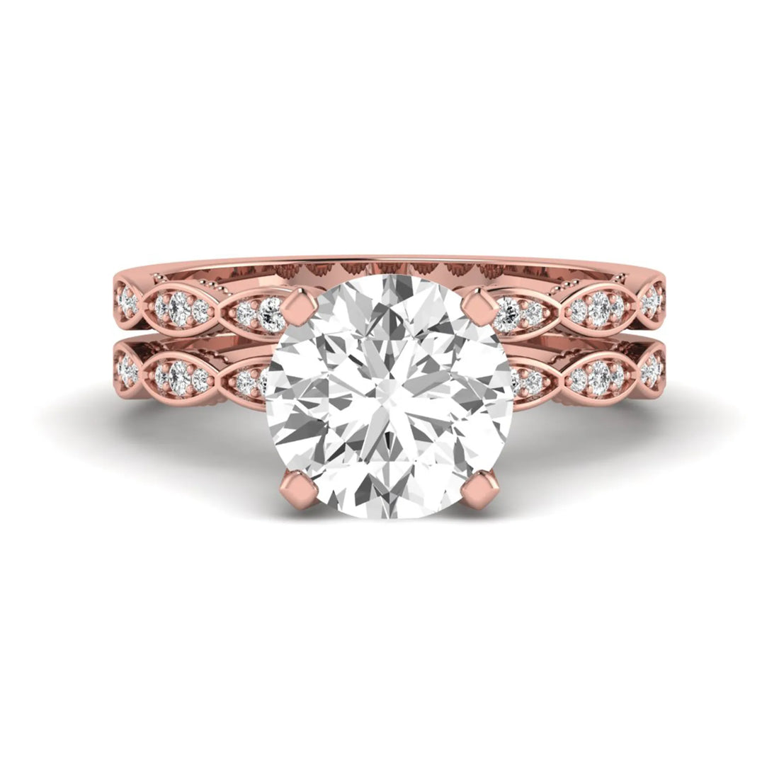 OctaPearl 3 ct Round Lab Grown Diamond Vintage Inspired Pave Wedding Bridal Ring Set