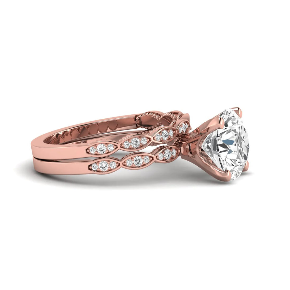 OctaPearl 3 ct Round Lab Grown Diamond Vintage Inspired Pave Wedding Bridal Ring Set