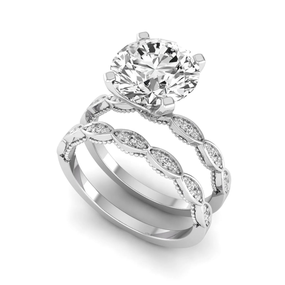 OctaPearl 3 ct Round Lab Grown Diamond Vintage Inspired Pave Wedding Bridal Ring Set