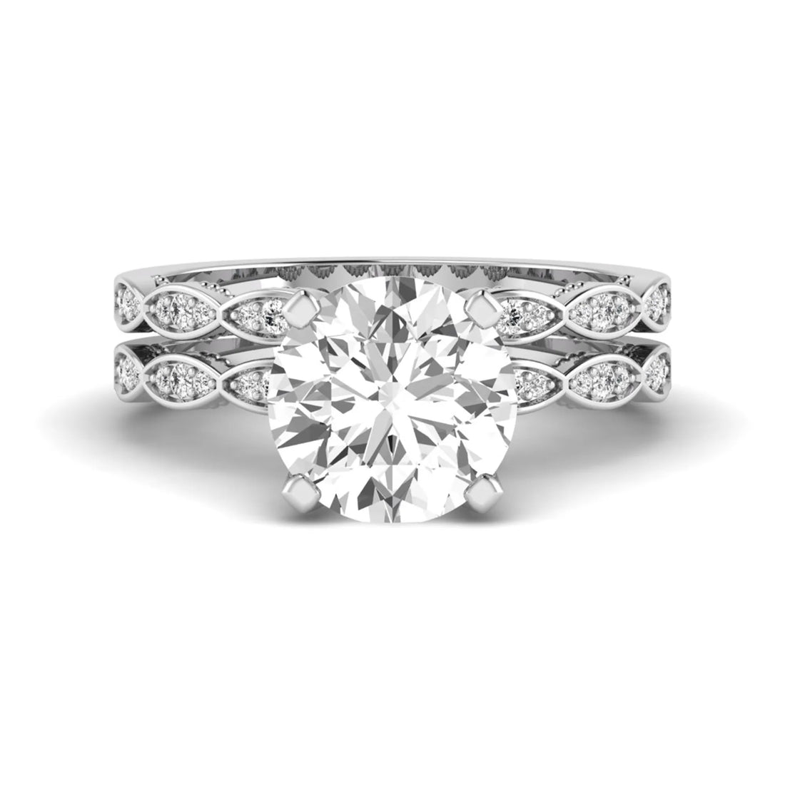 OctaPearl 3 ct Round Lab Grown Diamond Vintage Inspired Pave Wedding Bridal Ring Set