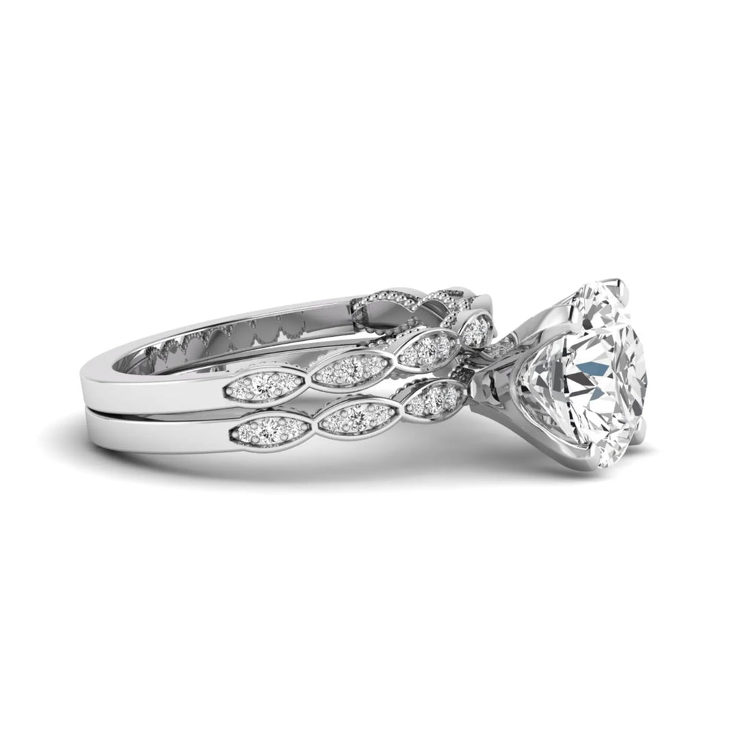 OctaPearl 3 ct Round Lab Grown Diamond Vintage Inspired Pave Wedding Bridal Ring Set
