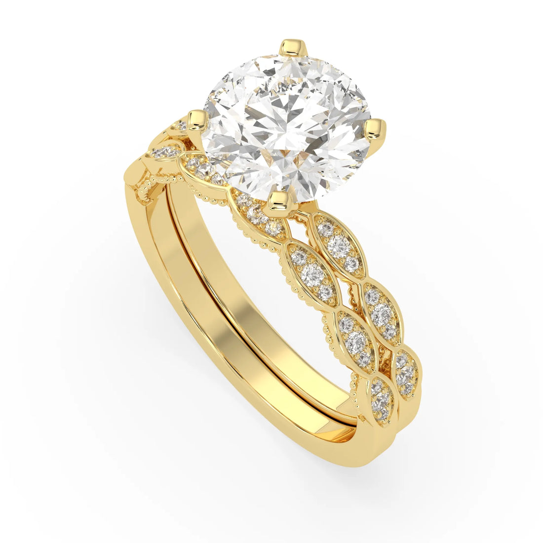 OctaPearl 3 ct Round Lab Grown Diamond Vintage Inspired Pave Wedding Bridal Ring Set