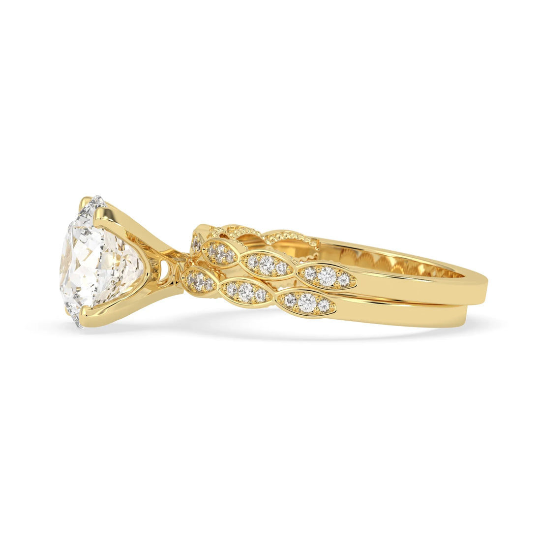 OctaPearl 3 ct Round Lab Grown Diamond Vintage Inspired Pave Wedding Bridal Ring Set
