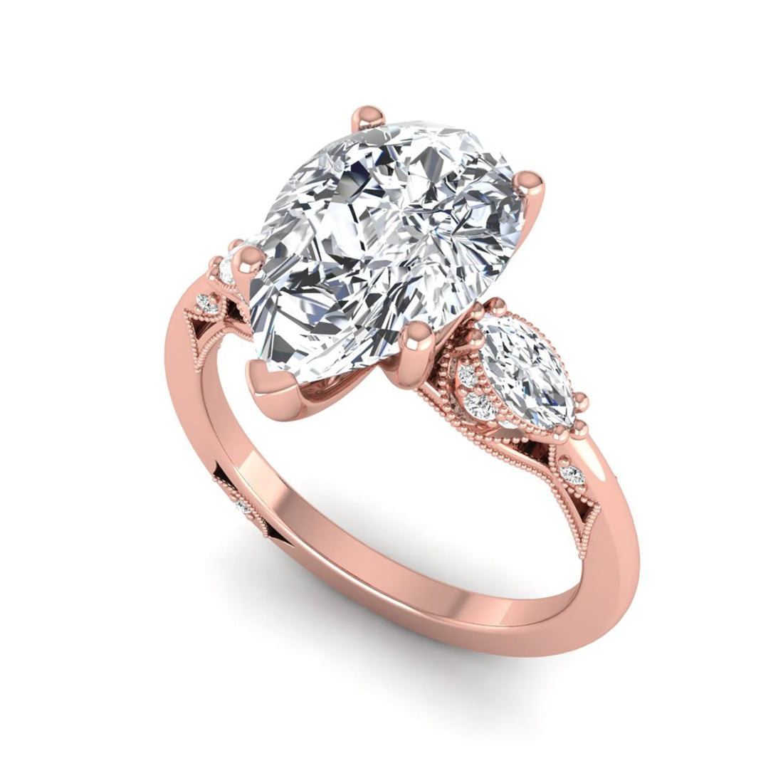 OctaPearl 3 ct Pear Cut Lab Grown Diamond Three Stone Engagement Ring
