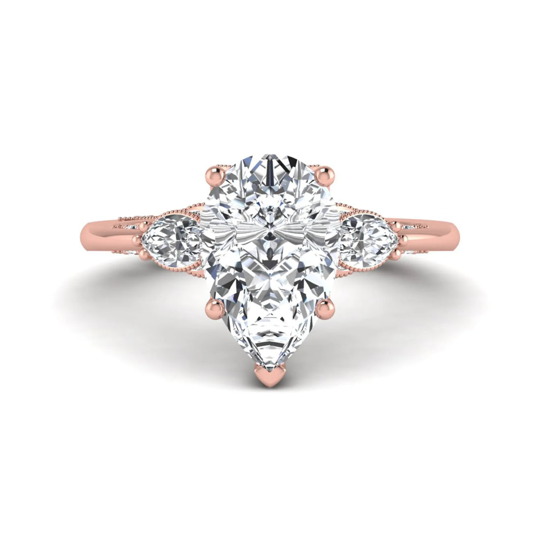 OctaPearl 3 ct Pear Cut Lab Grown Diamond Three Stone Engagement Ring