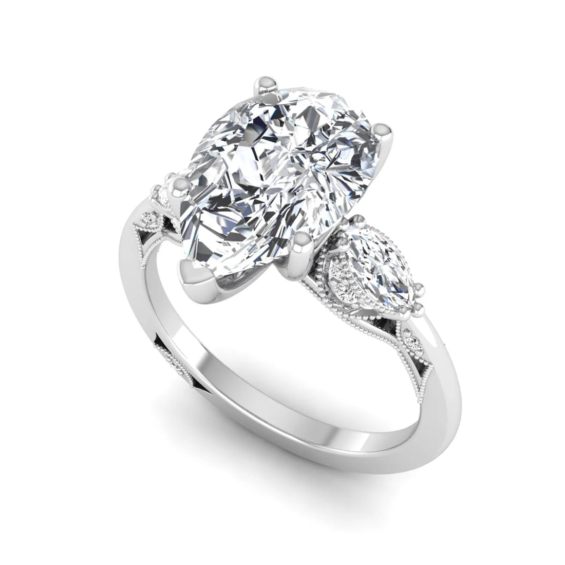 OctaPearl 3 ct Pear Cut Lab Grown Diamond Three Stone Engagement Ring